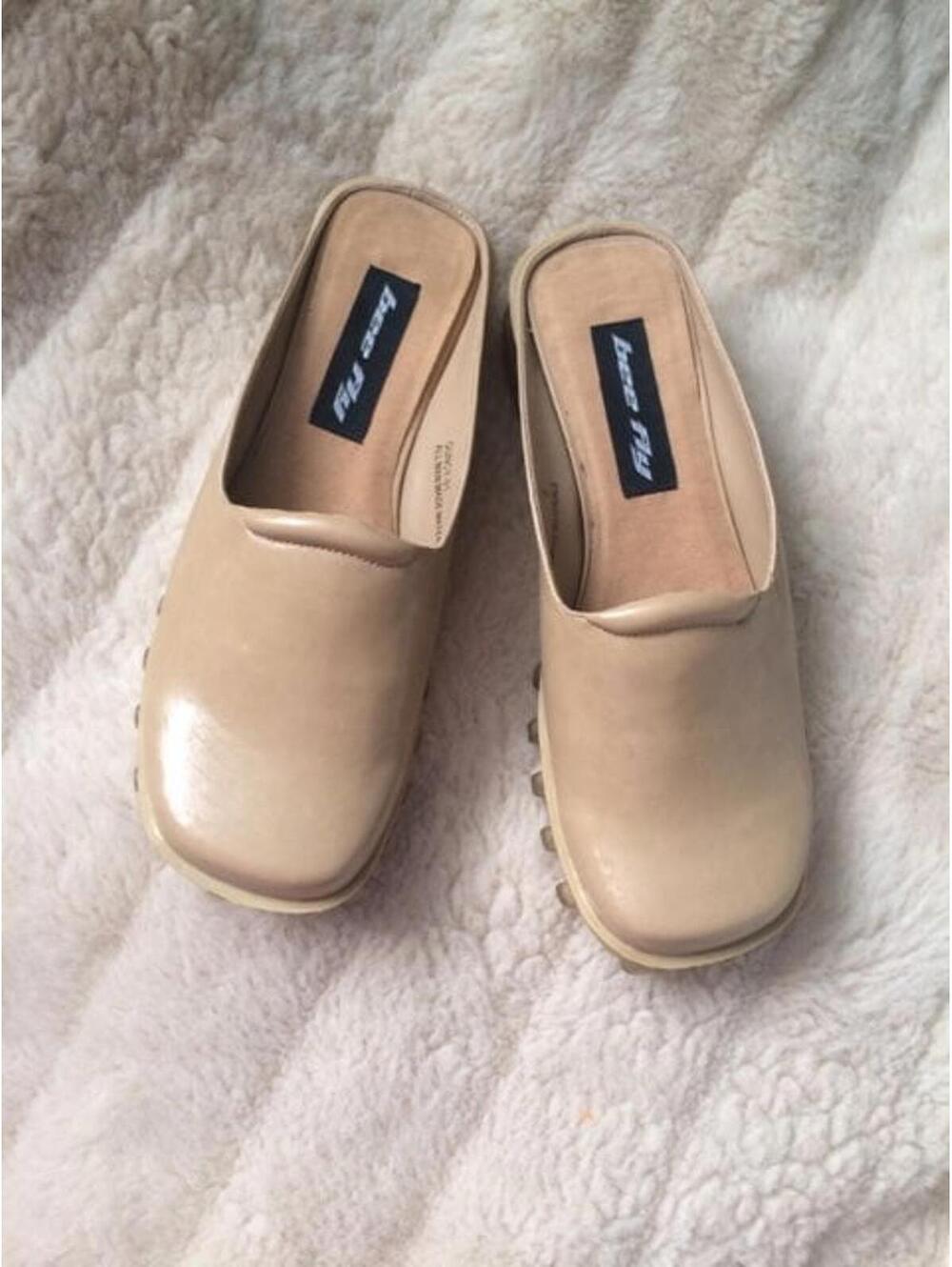 Bee Fly Beige Leather Slip-On Mules Size 8